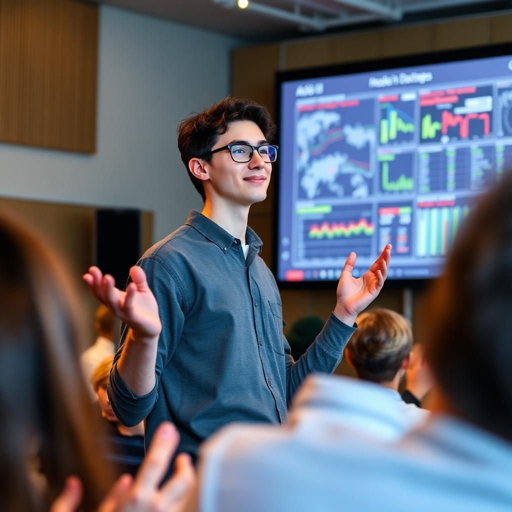 A student presenting an AI project on stage